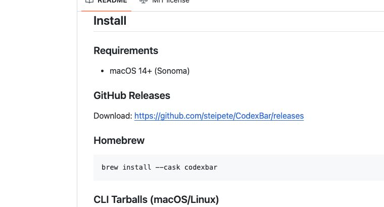 CodexBar公式READMEに掲載されたHomebrewインストール手順