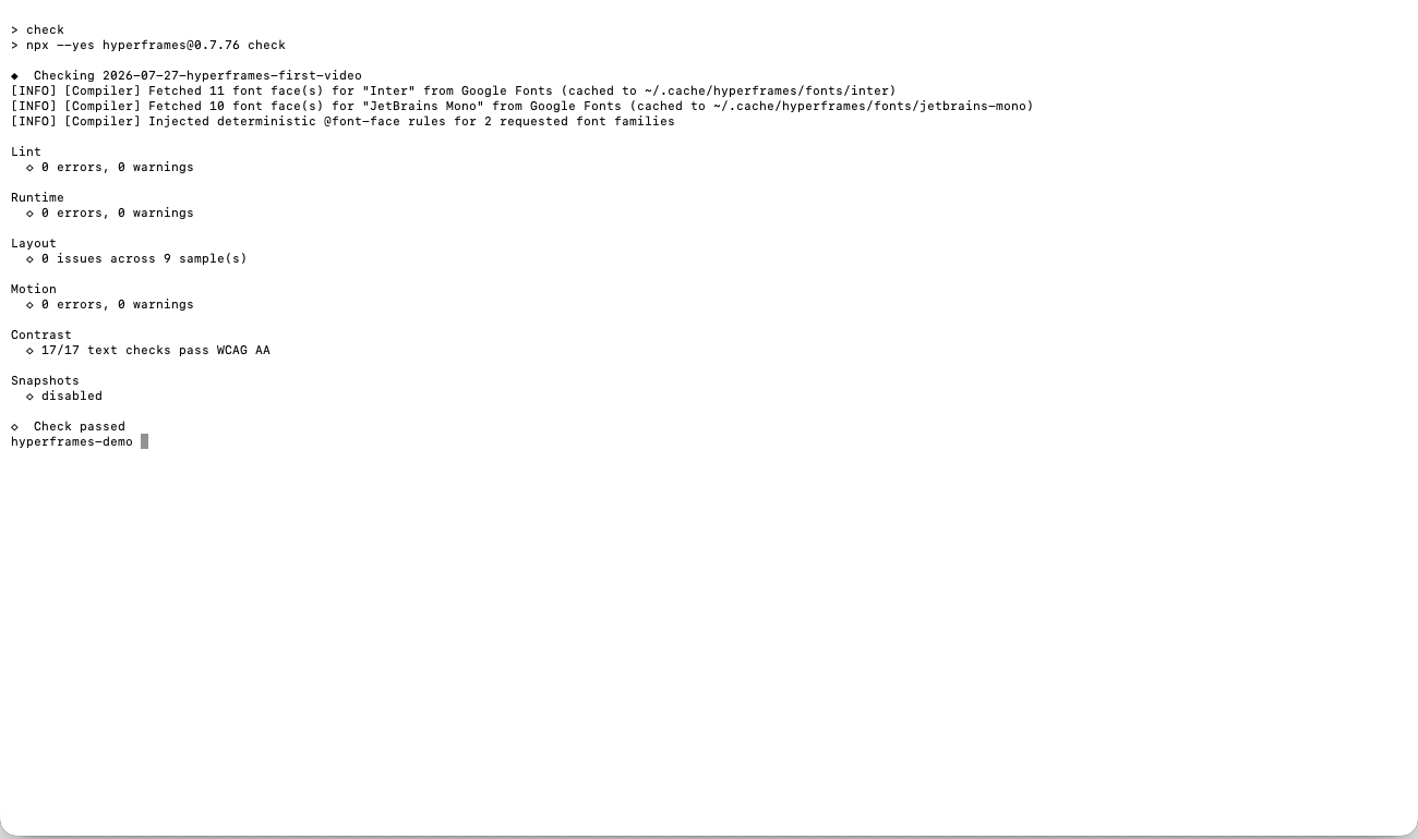 HyperFramesのcheckが合格した画面