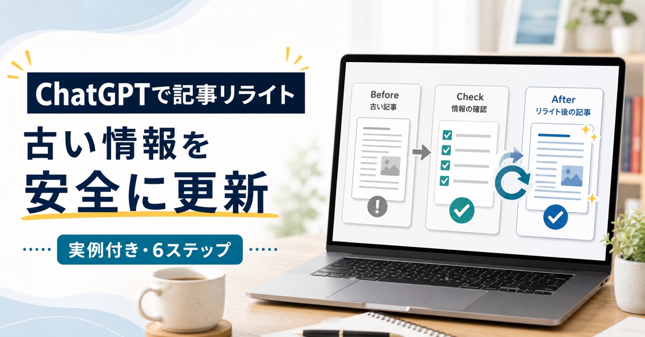 ChatGPTで古いブログ記事を確認し安全にリライトする6ステップのイメージ