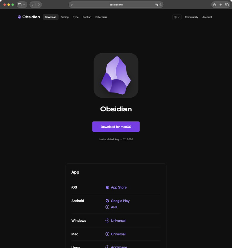 Obsidian公式ダウンロードページのmacOS版ダウンロードボタン
