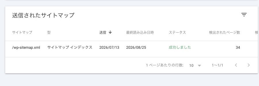 Search Consoleでwp-sitemap.xmlが成功し34ページ検出された画面
