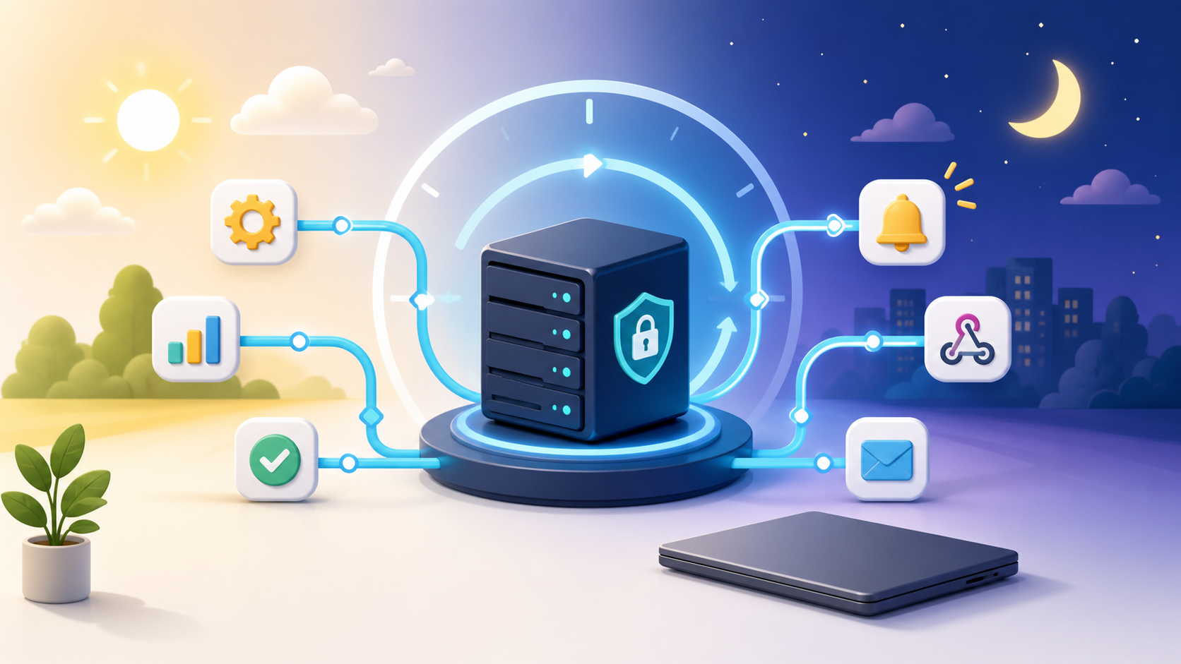 昼夜を問わず自動化ワークフローを動かし続けるVPSのイメージ