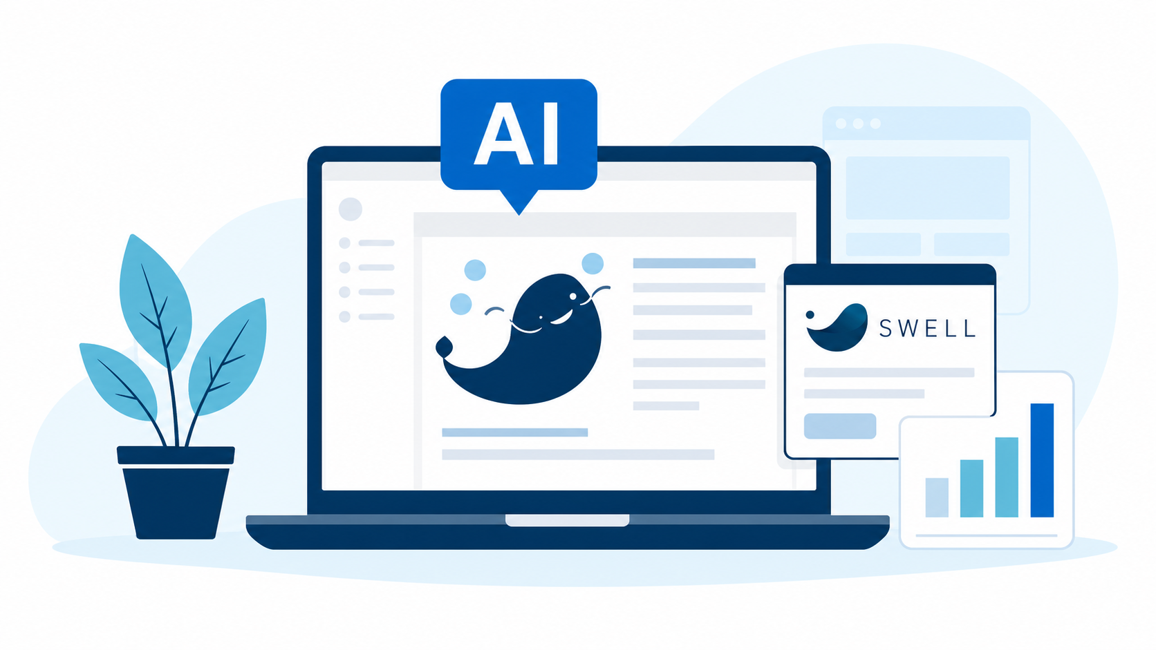 AIとSWELLを使ったブログ運営を表すノートパソコンのイラスト