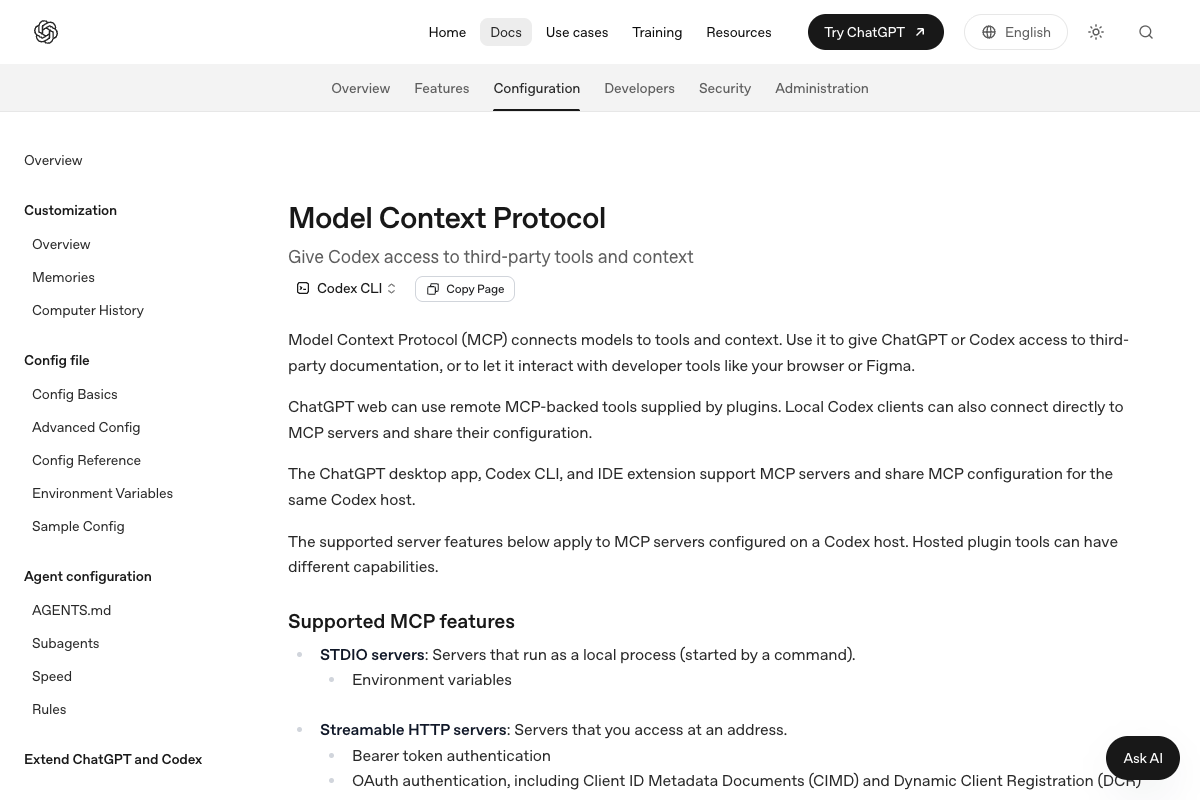 OpenAI公式のModel Context Protocol設定ページ
