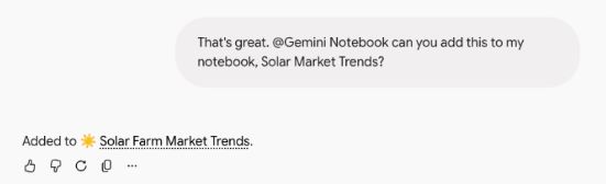 Google公式掲載画面の一部。Gemini Notebookを指定した追加依頼と、追加先ノート名を示す完了表示。